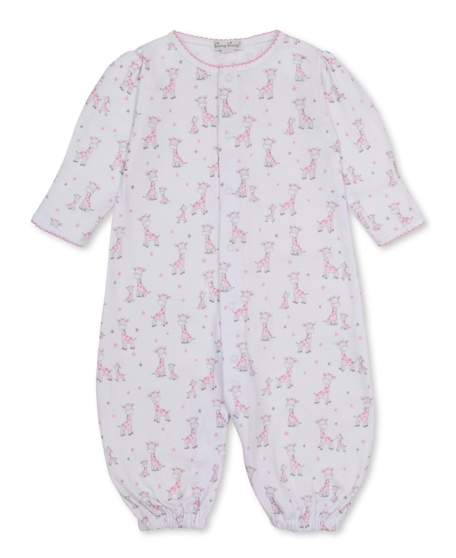 The Kissy Kissy Baby Just Giraffes Printed Convertible Gown is a white long-sleeve romper made from ultra-soft Pima cotton, adorned with a charming pink giraffe and star print. Its closed front and elasticized cuffs at the wrists and ankles provide comfort and warmth, while the versatile convertible gown design allows for easy diaper changes.