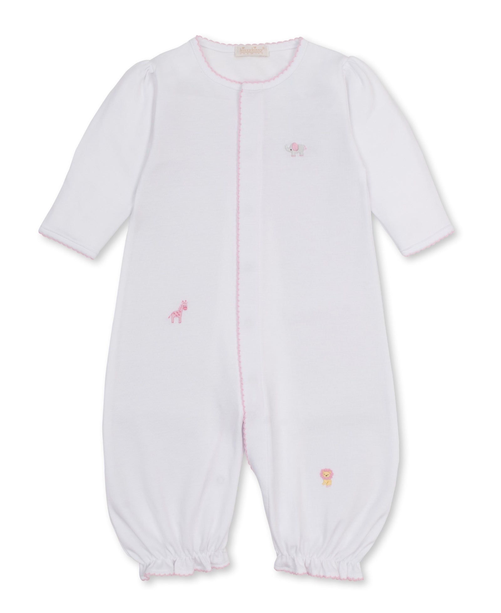 The Kissy Kissy Baby SCE Jungle Hang Out Convertible Gown is a white long-sleeve gown made from soft Peruvian cotton, detailed with pink trim and small embroidered animal designs including an elephant, giraffe, and lion.