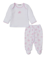 Dress your little one in the charming Baby Sweet Sheep Footed Pant Set from Kissy Kissy, featuring a white long-sleeve top with delicate pink stitching and adorable sheep embroidery, paired with footed elastic waist pants adorned with an all-over pink sheep print for a delightful, sheep-themed two-piece baby outfit.