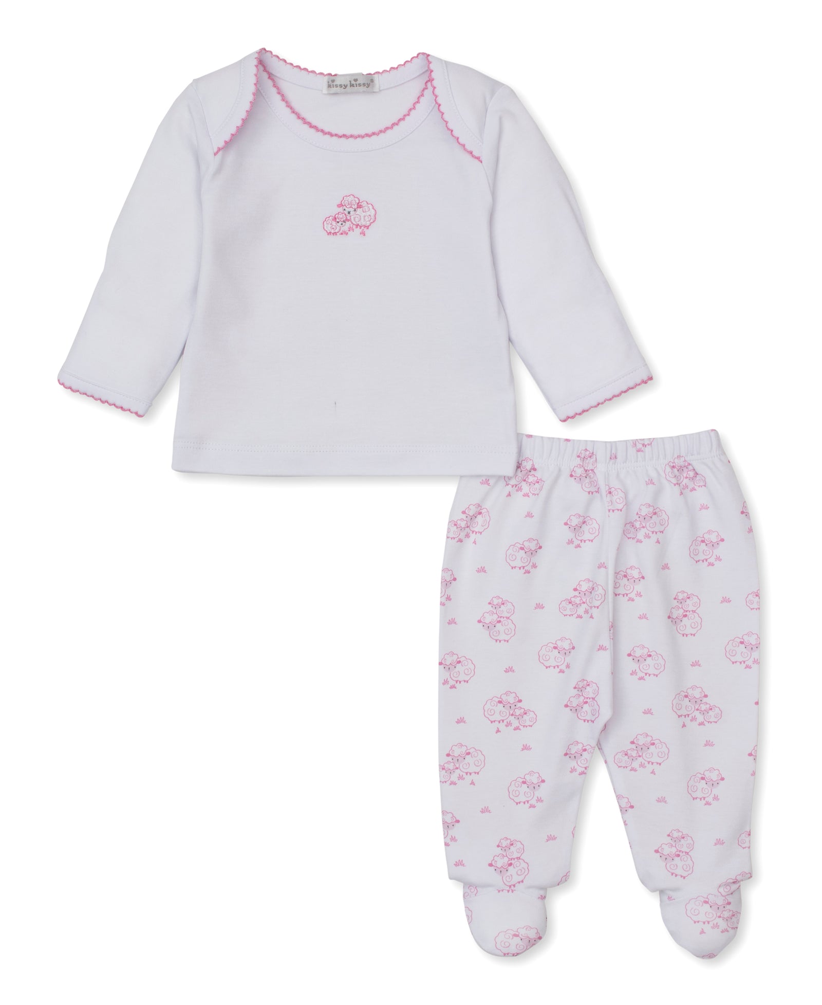 Dress your little one in the charming Baby Sweet Sheep Footed Pant Set from Kissy Kissy, featuring a white long-sleeve top with delicate pink stitching and adorable sheep embroidery, paired with footed elastic waist pants adorned with an all-over pink sheep print for a delightful, sheep-themed two-piece baby outfit.