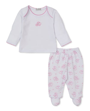 Dress your little one in the charming Baby Sweet Sheep Footed Pant Set from Kissy Kissy, featuring a white long-sleeve top with delicate pink stitching and adorable sheep embroidery, paired with footed elastic waist pants adorned with an all-over pink sheep print for a delightful, sheep-themed two-piece baby outfit.