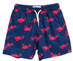 Bermies Boys' Swim Trunks with a red crab print, crafted from recycled polyester, and featuring a white drawstring.