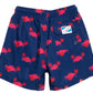 Bermies Boys' Swim Trunks featuring a red lobster print and a small, visible brand tag on the front pocket, crafted from anti-bacterial recycled polyester.