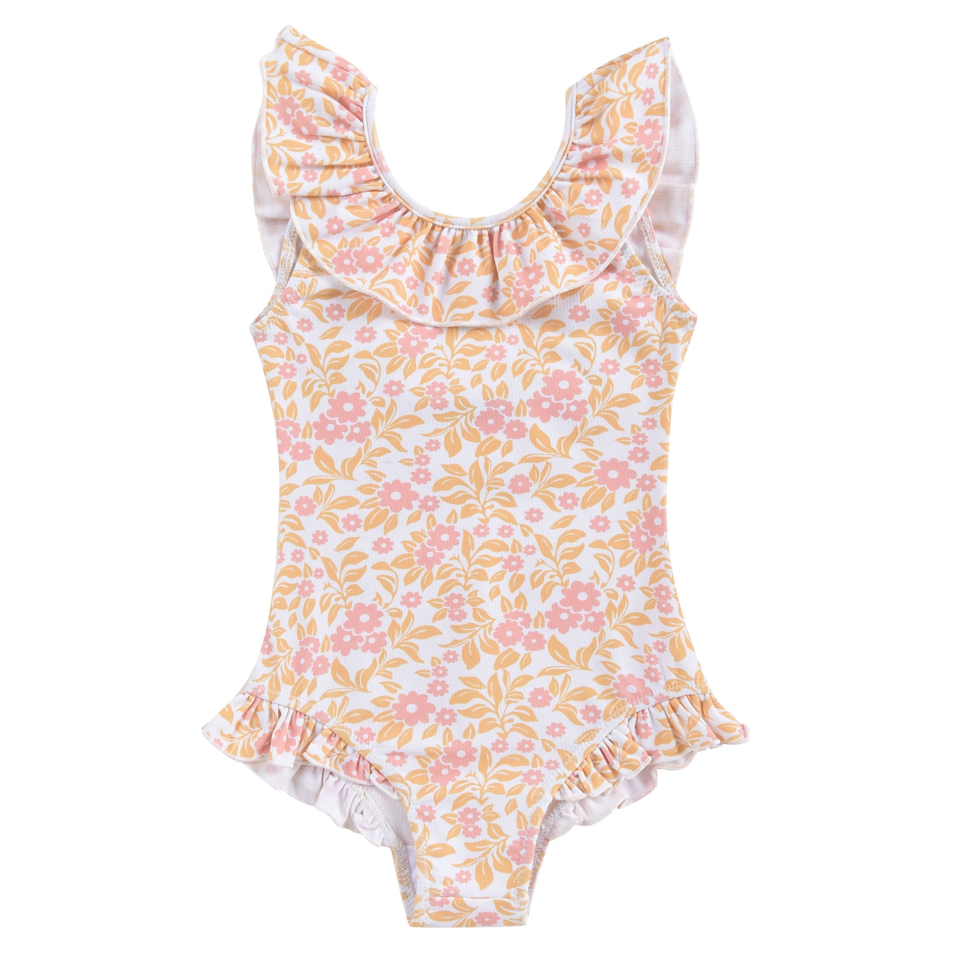 The Louise Misha Andrea Bathing Suit is a vintage-inspired piece with a floral pattern in pink and white, featuring a flounce neckline and ruffled leg openings.