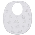 Dress your baby in the Kissy Kissy Springtime Bunny Fun Bib, made from soft Pima cotton and adorned with grey rabbit and tree prints. Features a rounded neckline and easy snap closure for convenience.