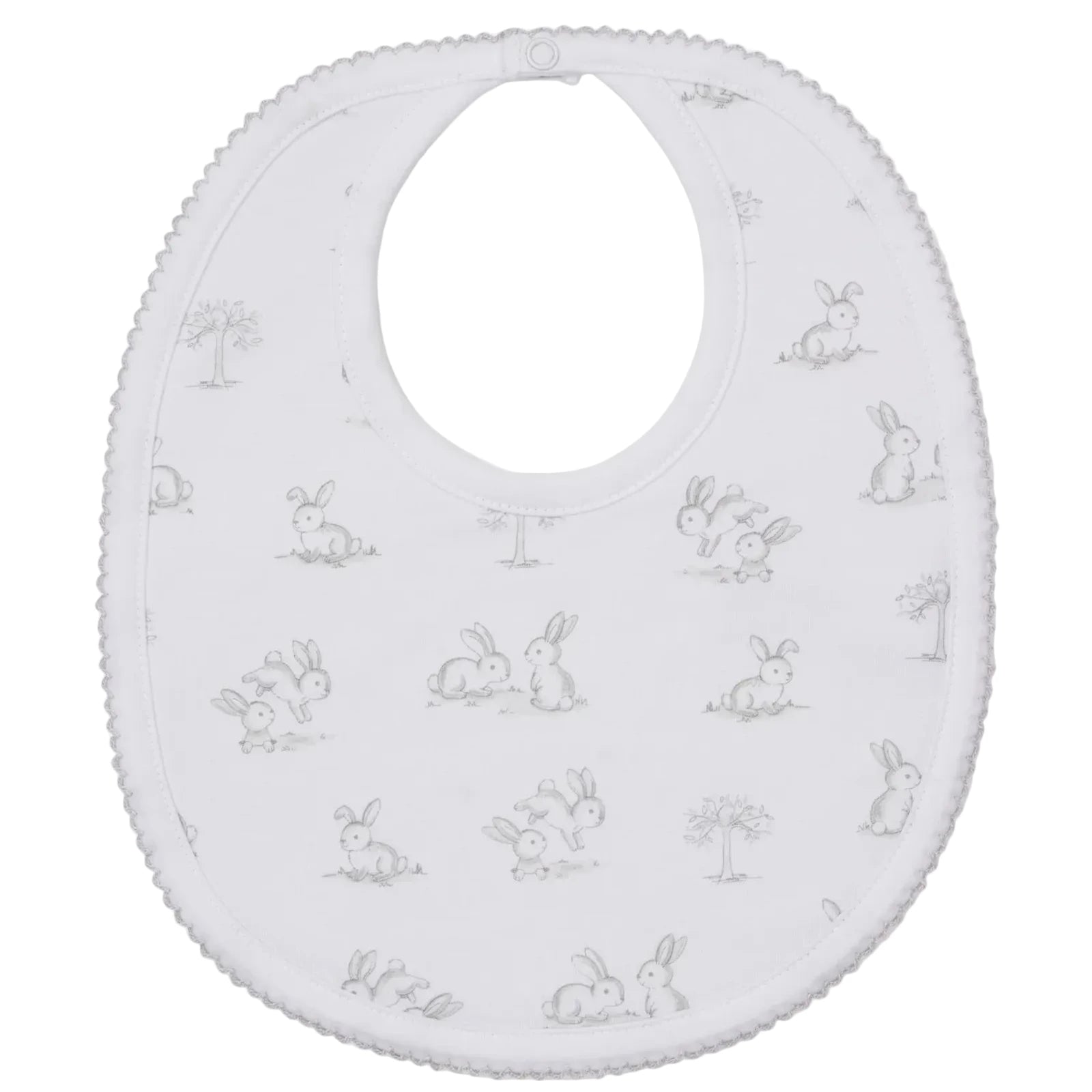 Dress your baby in the Kissy Kissy Springtime Bunny Fun Bib, made from soft Pima cotton and adorned with grey rabbit and tree prints. Features a rounded neckline and easy snap closure for convenience.