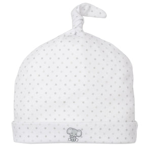 The Kissy Kissy Baby Jungle Playdate Dot Hat is a white Pima cotton baby hat with gray polka dots, a top knot, and an embroidered jungle mouse on the front cuff.