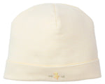 The Kissy Kissy Premier Baby Duckling Yellow Stripe Hand Emb. Hat is a pale yellow baby hat in soft Peruvian cotton, featuring subtle stripes and a hand-embroidered duckling on the front fold.
