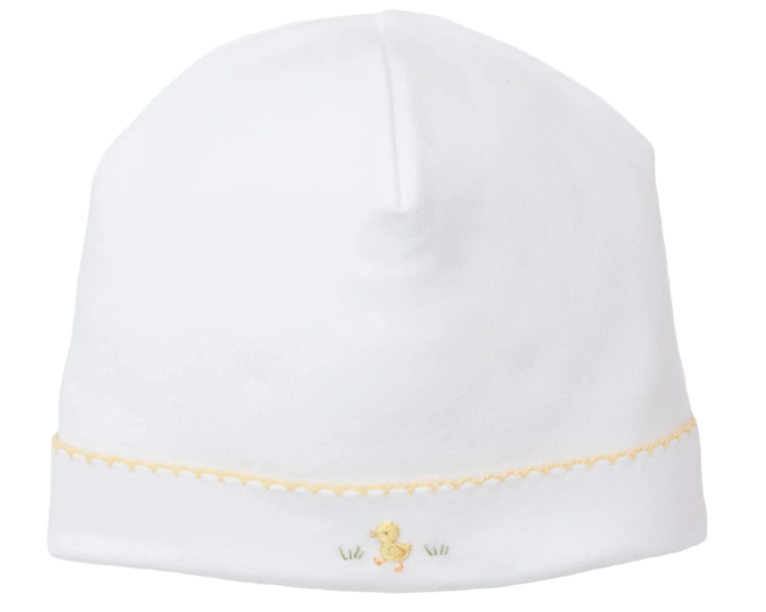 The Kissy Kissy Premier Baby Duckling Hat with Hand Emb. is crafted from soft Peruvian cotton, featuring a delicate yellow scalloped trim and an embroidered yellow duckling accent near the brim.