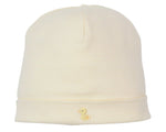 The Kissy Kissy Premier Duck Pond Paddles Hand Emb. Stripe Hat is a soft Peruvian cotton baby hat with cream stripes and a yellow duck hand embroidered on the folded brim.