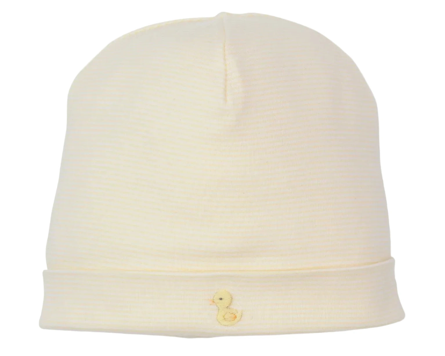 The Kissy Kissy Premier Duck Pond Paddles Hand Emb. Stripe Hat is a soft Peruvian cotton baby hat with cream stripes and a yellow duck hand embroidered on the folded brim.