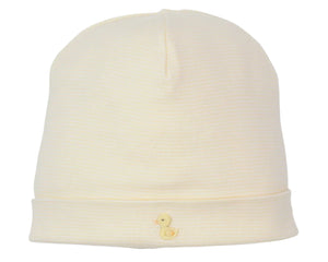 The Kissy Kissy Premier Duck Pond Paddles Hand Emb. Stripe Hat is a soft Peruvian cotton baby hat with cream stripes and a yellow duck hand embroidered on the folded brim.