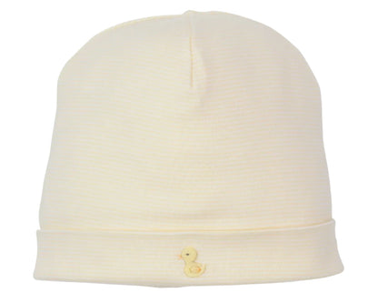 The Kissy Kissy Premier Duck Pond Paddles Hand Emb. Stripe Hat is a soft Peruvian cotton baby hat with cream stripes and a yellow duck hand embroidered on the folded brim.