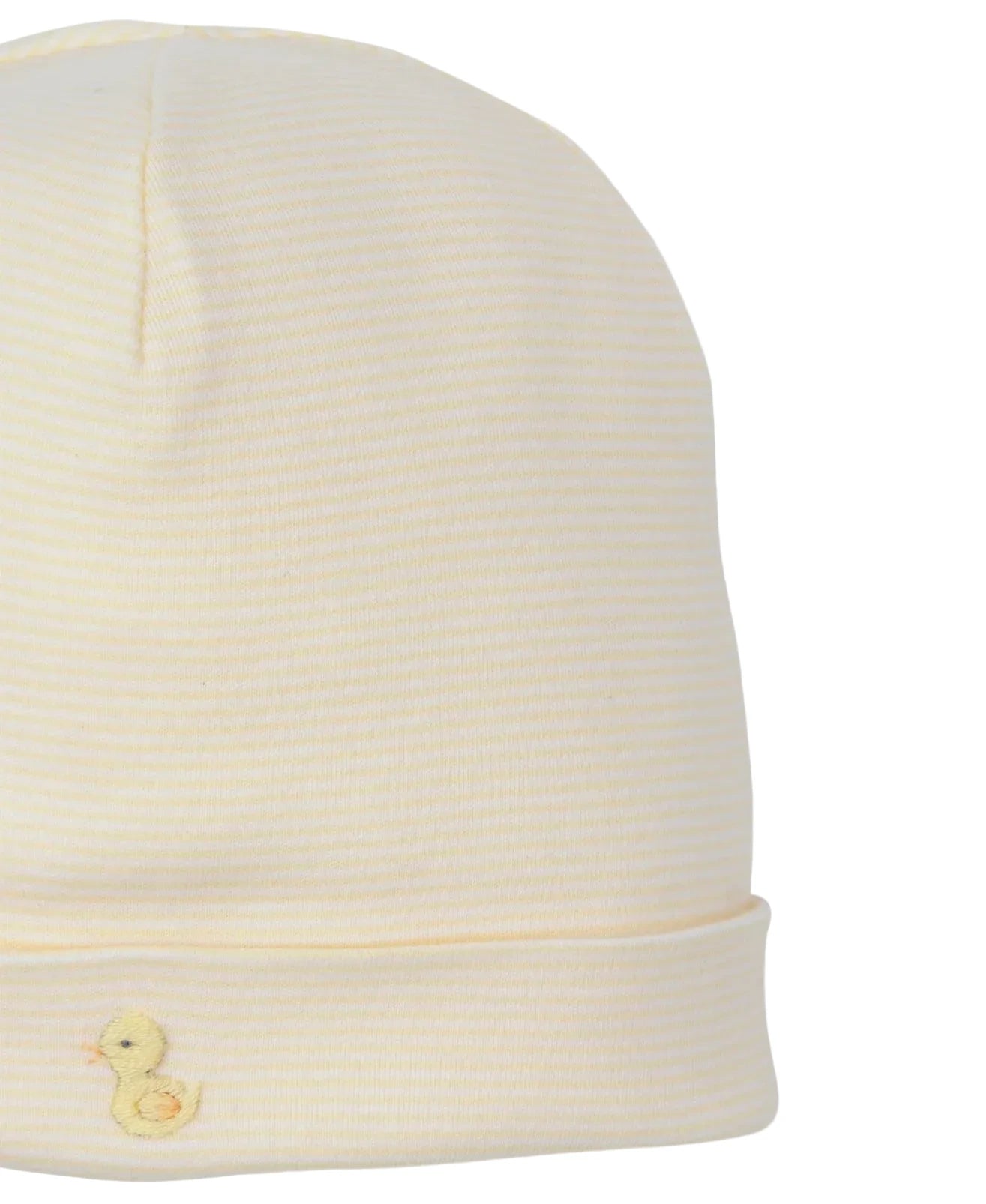 The Kissy Kissy Premier Duck Pond Paddles Hand Emb. Stripe Hat is a cream-colored Peruvian cotton baby hat with subtle stripes and a hand-embroidered yellow duck on the folded brim.
