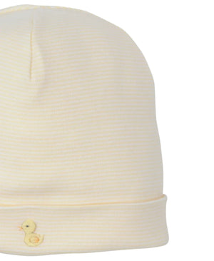 The Kissy Kissy Premier Duck Pond Paddles Hand Emb. Stripe Hat is a cream-colored Peruvian cotton baby hat with subtle stripes and a hand-embroidered yellow duck on the folded brim.