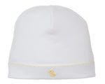 The Premier Duck Pond Paddles White Hand Emb. Hat by Kissy Kissy is crafted from soft Peruvian cotton and features a hand-embroidered yellow duck near the brim.