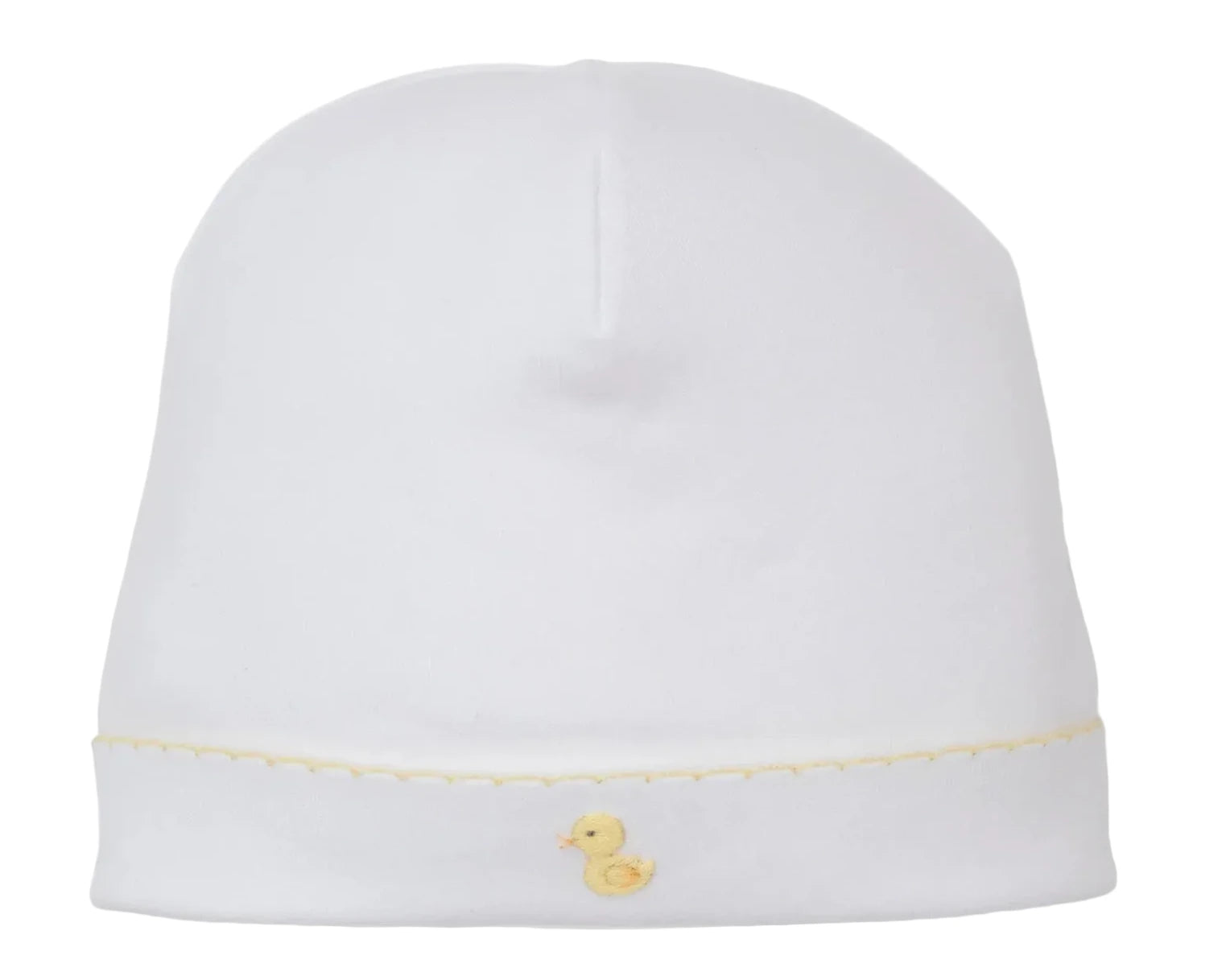 The Premier Duck Pond Paddles White Hand Emb. Hat by Kissy Kissy is crafted from soft Peruvian cotton and features a hand-embroidered yellow duck near the brim.
