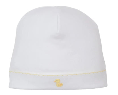The Premier Duck Pond Paddles White Hand Emb. Hat by Kissy Kissy is crafted from soft Peruvian cotton and features a hand-embroidered yellow duck near the brim.