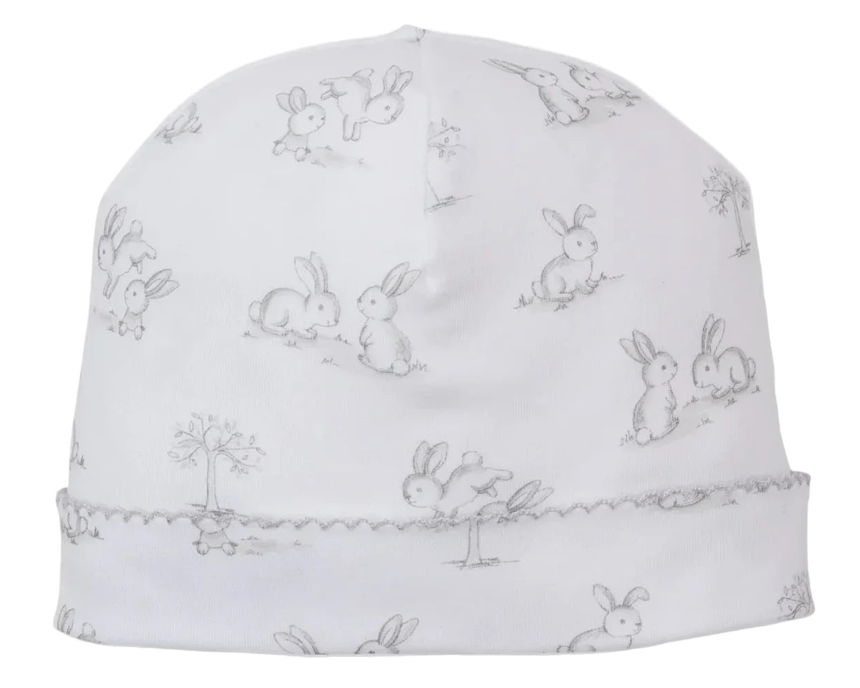 The Kissy Kissy Springtime Bunny Fun Hat is made from soft Pima cotton and showcases a light gray, sketch-style bunny and small tree print for a charming look.