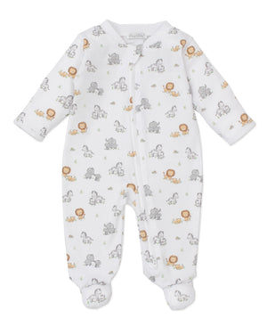 The Kissy Kissy Baby Jungle Playdate Printed Footie is a white, cozy sleeper made of soft Pima cotton, featuring a playful jungle print with gray elephants, yellow lions, giraffes, and a handy front zipper.
