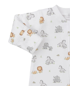 The Kissy Kissy Baby Jungle Playdate Printed Footie is crafted from soft Pima cotton and features a charming jungle print with lions, elephants, zebras, and turtles in gray and tan on a crisp white background.