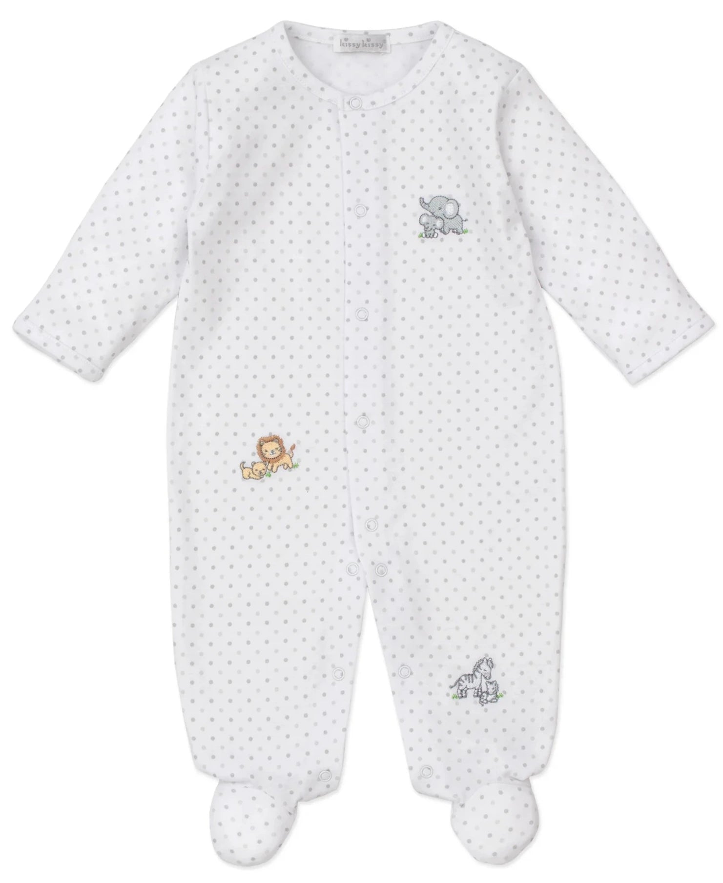 The Kissy Kissy Baby Jungle Playdate Dot Footie features grey polka dots, long sleeves, footed legs, front snaps, and adorable jungle animals like a lion, elephant, and zebra.