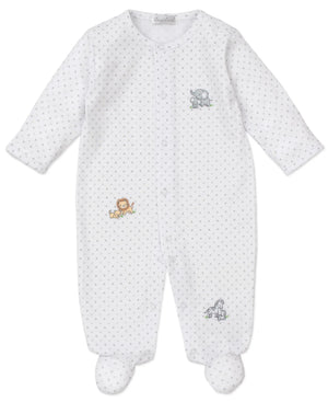 The Kissy Kissy Baby Jungle Playdate Dot Footie features grey polka dots, long sleeves, footed legs, front snaps, and adorable jungle animals like a lion, elephant, and zebra.