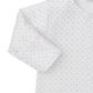 The Kissy Kissy Baby Jungle Playdate Dot Footie features light gray polka dots, snap buttons on the front, and is crafted from soft Pima cotton for ultimate comfort.