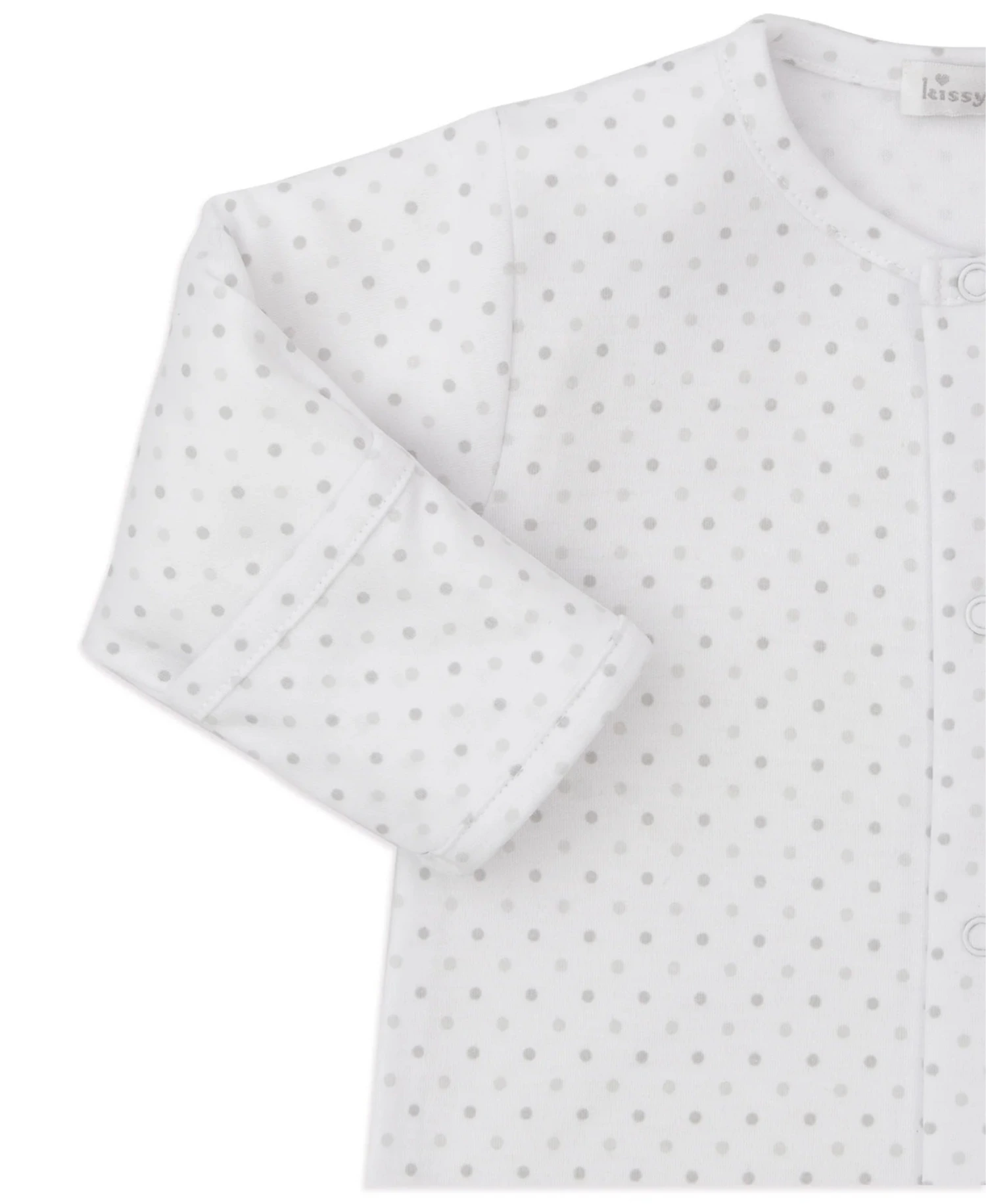 The Kissy Kissy Baby Jungle Playdate Dot Footie features light gray polka dots, snap buttons on the front, and is crafted from soft Pima cotton for ultimate comfort.