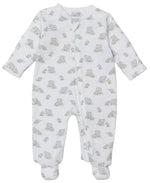 The Kissy Kissy Baby Elephant Esprit Printed Zip Footie is a white Pima cotton sleeper with long sleeves, footed legs, an elephant and turtle print, and a convenient front zipper closure.