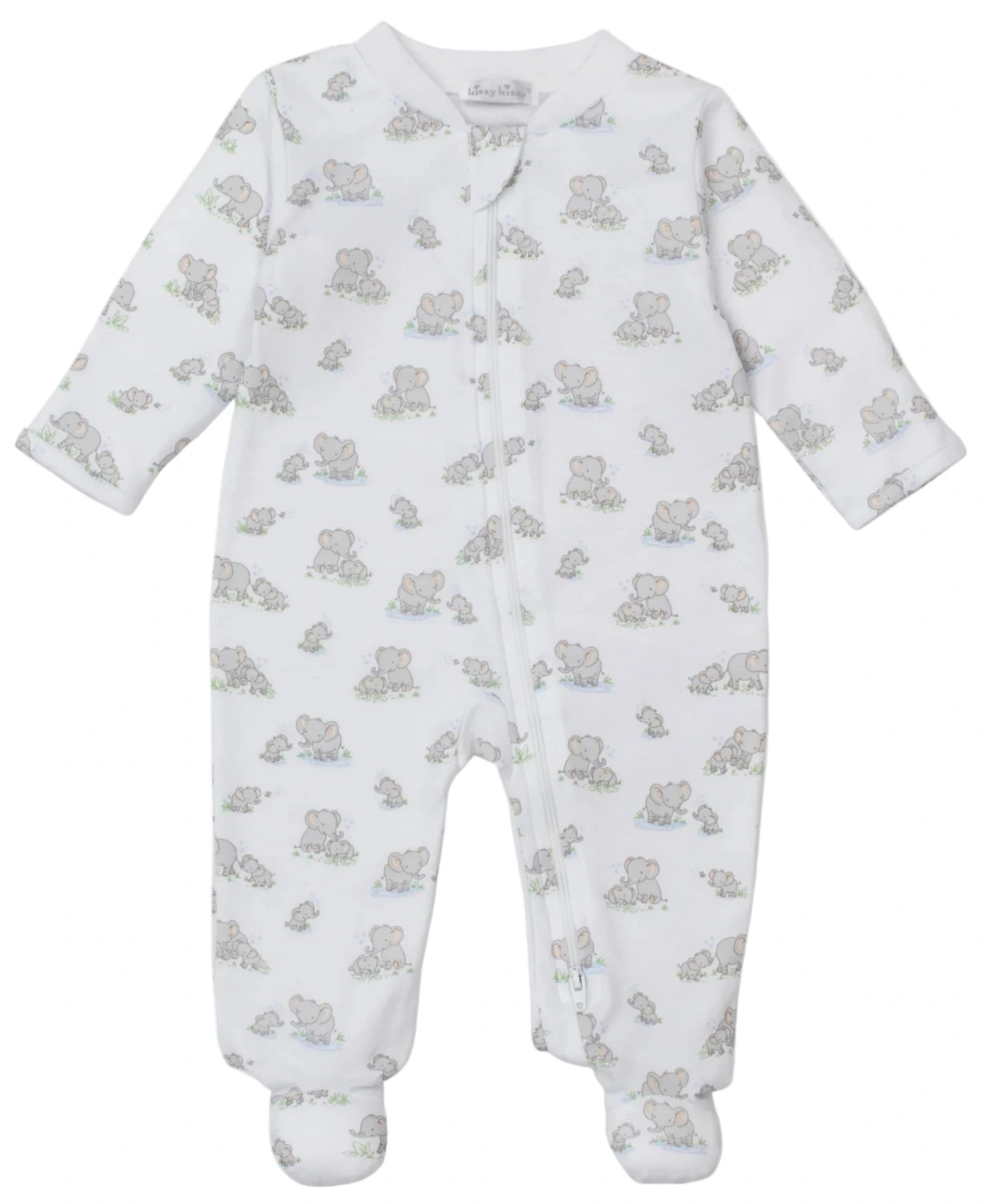 The Kissy Kissy Baby Elephant Esprit Printed Zip Footie is a white Pima cotton sleeper with long sleeves, footed legs, an elephant and turtle print, and a convenient front zipper closure.