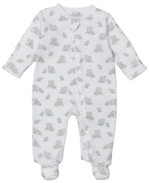 The Kissy Kissy Baby Elephant Esprit Printed Zip Footie is a white Pima cotton sleeper with long sleeves, footed legs, an elephant and turtle print, and a convenient front zipper closure.