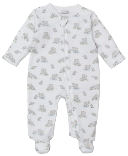 The Kissy Kissy Baby Elephant Esprit Printed Zip Footie is a white Pima cotton sleeper with long sleeves, footed legs, an elephant and turtle print, and a convenient front zipper closure.