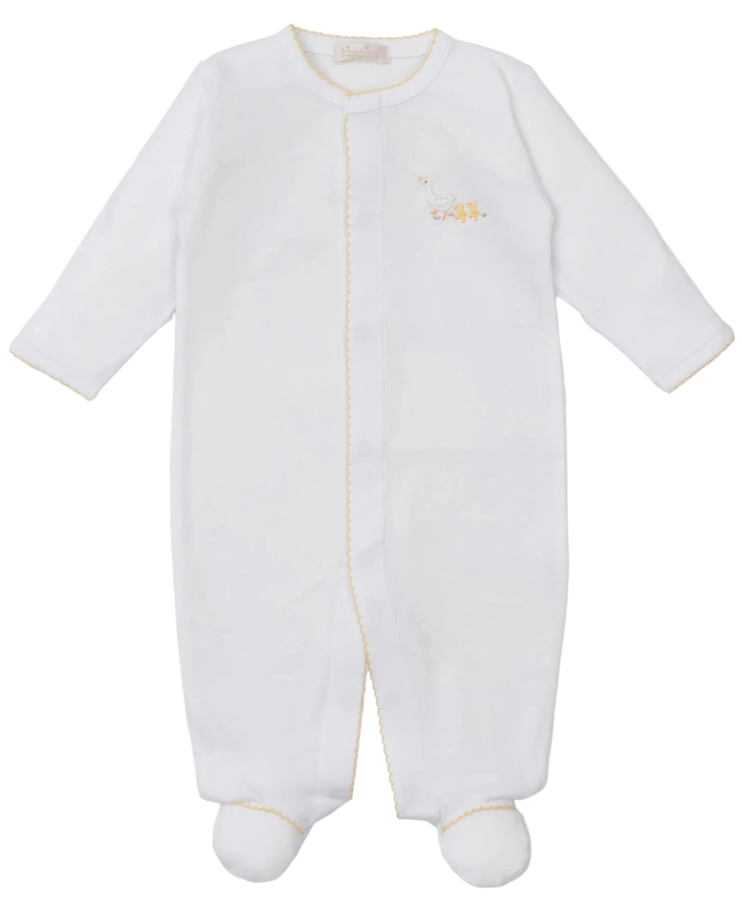The Kissy Kissy Baby Premier Baby Duckling Footie with Hand Emb. is a white Peruvian cotton footie with long sleeves, enclosed feet, yellow trim, and an embroidered duckling design on the chest.