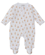 The Kissy Kissy Baby Teddy Bear Time Printed Zip Footie features long sleeves, footed legs, a front zipper, and an adorable teddy bear print in soft Pima cotton to keep your little one comfy and stylish all day.