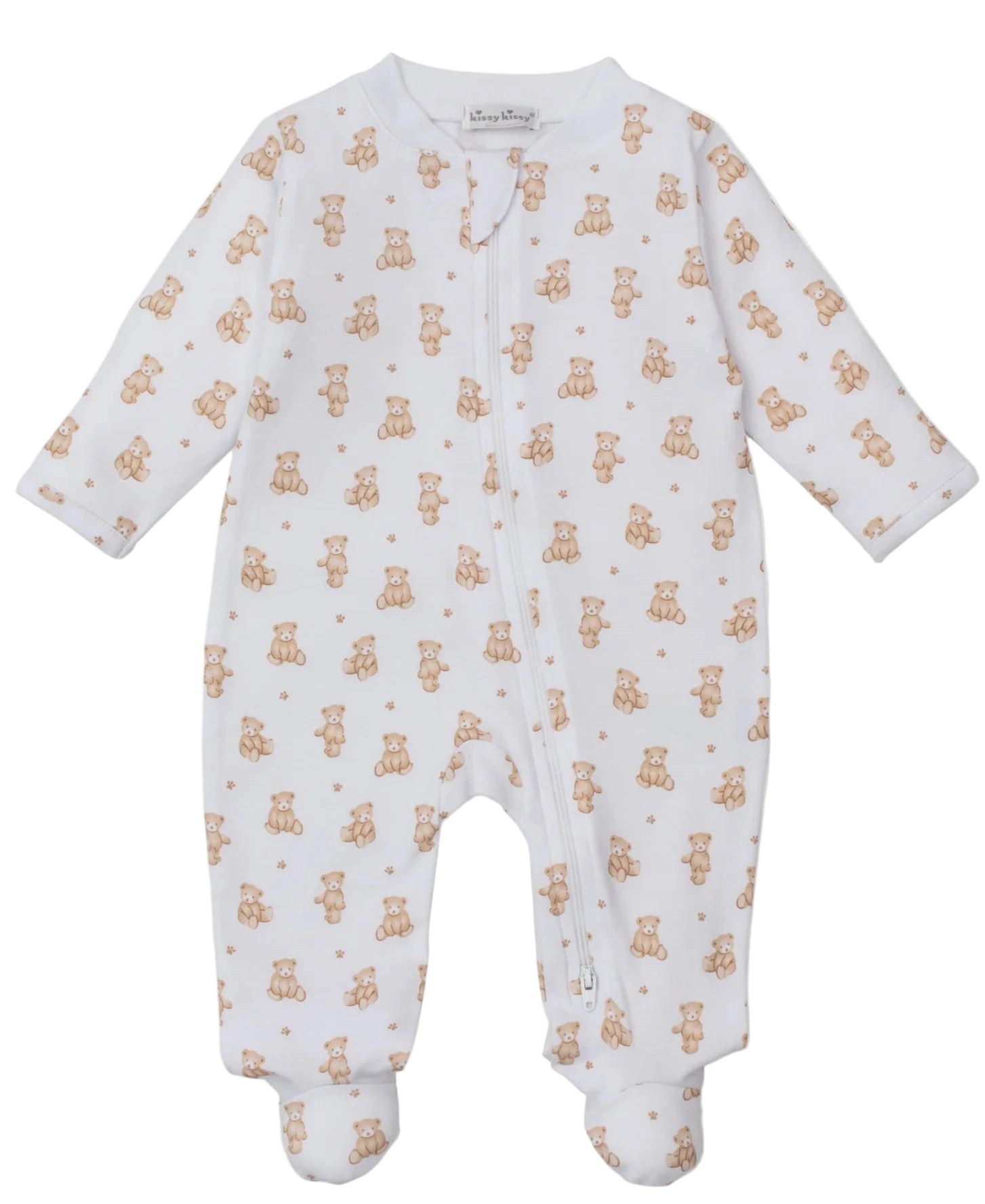 The Kissy Kissy Baby Teddy Bear Time Printed Zip Footie features long sleeves, footed legs, a front zipper, and an adorable teddy bear print in soft Pima cotton to keep your little one comfy and stylish all day.