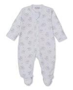 The Kissy Kissy Baby Sweet Sheep Zip Footie, crafted from white Pima cotton with long sleeves and a front zipper, features a light gray sweet sheep print pattern and is shown laid flat on a white background.