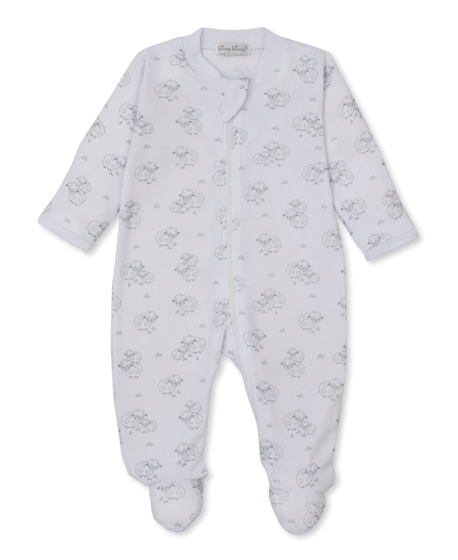 The Kissy Kissy Baby Sweet Sheep Zip Footie, crafted from white Pima cotton with long sleeves and a front zipper, features a light gray sweet sheep print pattern and is shown laid flat on a white background.