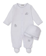 The Kissy Kissy Baby Sweet Sheep Footie with Hat Set features a white, long-sleeve footie with convenient front snaps and a coordinating hat. Made from soft Pima cotton, this adorable set showcases delicate grey trim and charming embroidered sheep on both pieces.