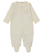 The Kissy Kissy Baby Premier Duck Pond Paddles Hand Emb. Stripe Footie is a cream Peruvian cotton long-sleeve baby footie with covered feet, front snaps, and a hand-embroidered duck and duckling on the chest.