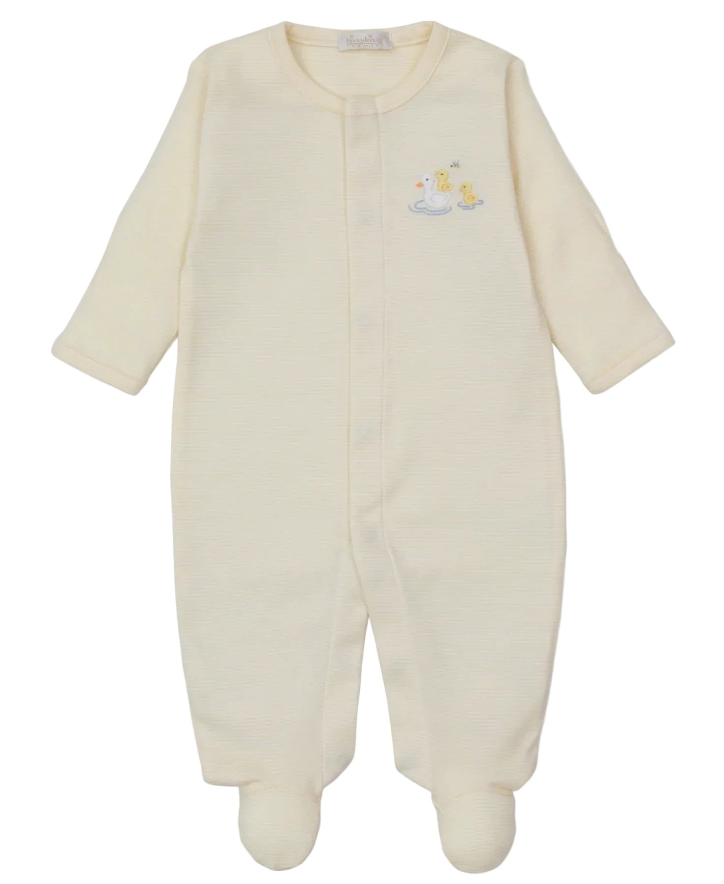 The Kissy Kissy Baby Premier Duck Pond Paddles Hand Emb. Stripe Footie is a cream Peruvian cotton long-sleeve baby footie with covered feet, front snaps, and a hand-embroidered duck and duckling on the chest.