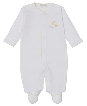 The Baby Premier Duck Pond Paddles White Hand Emb. Footie by Kissy Kissy is a white, long-sleeve onesie in soft Peruvian cotton with yellow trim and a delicate hand-embroidered duck and ducklings on the upper left chest.