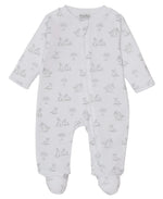 The Kissy Kissy Baby Springtime Bunny Fun Zip Footie is a white Pima cotton onesie with a front zipper, featuring a light gray animal and tree print—perfect for keeping little ones cozy.