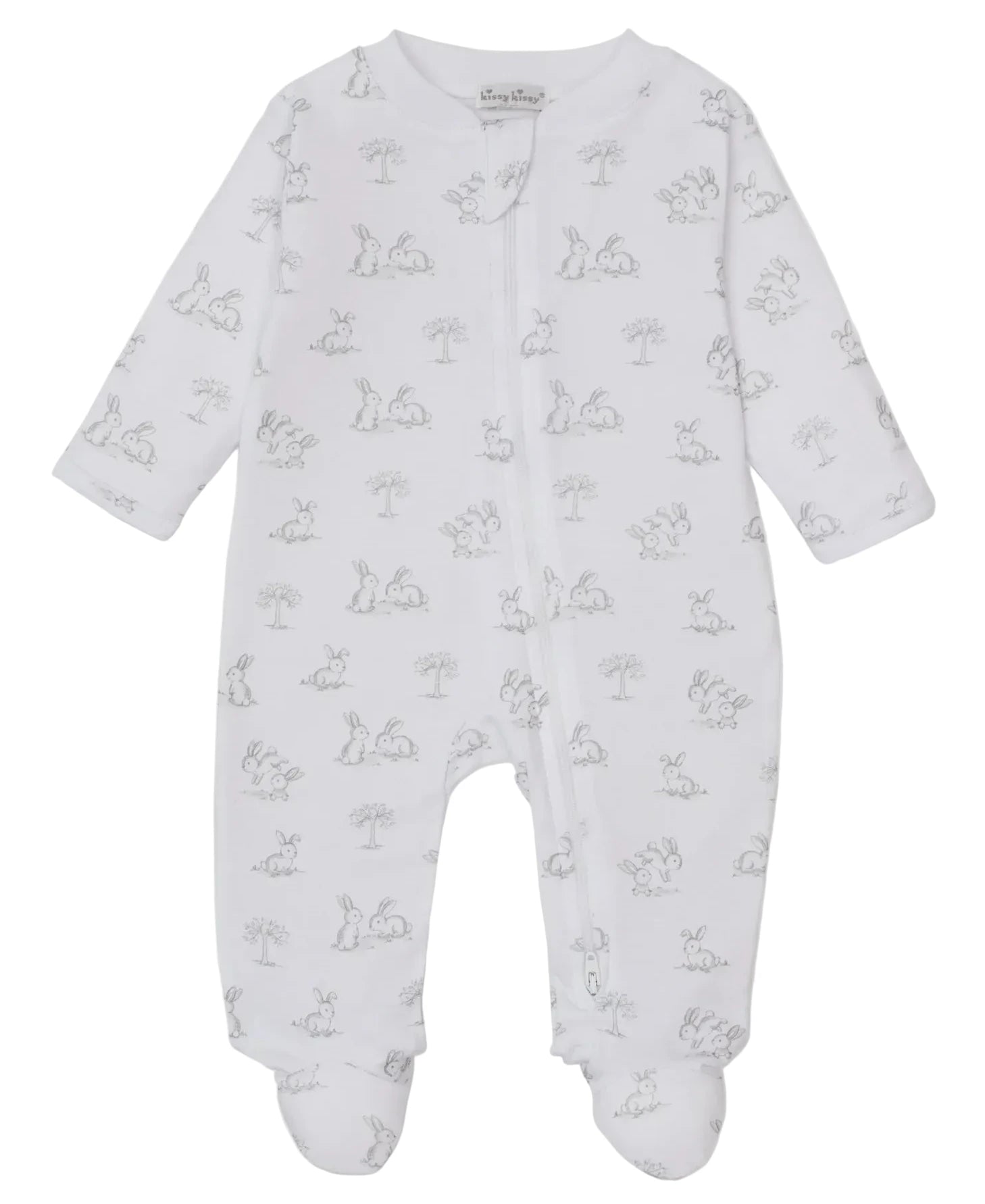 The Kissy Kissy Baby Springtime Bunny Fun Zip Footie is a white Pima cotton onesie with a front zipper, featuring a light gray animal and tree print—perfect for keeping little ones cozy.