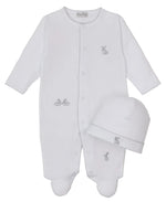 Dress your little one in the Kissy Kissy Baby Springtime Bunny Fun Footie & Hat Set, made from white Pima cotton with adorable embroidered bunnies and front snap buttons—a sweet bunny-themed outfit for baby.