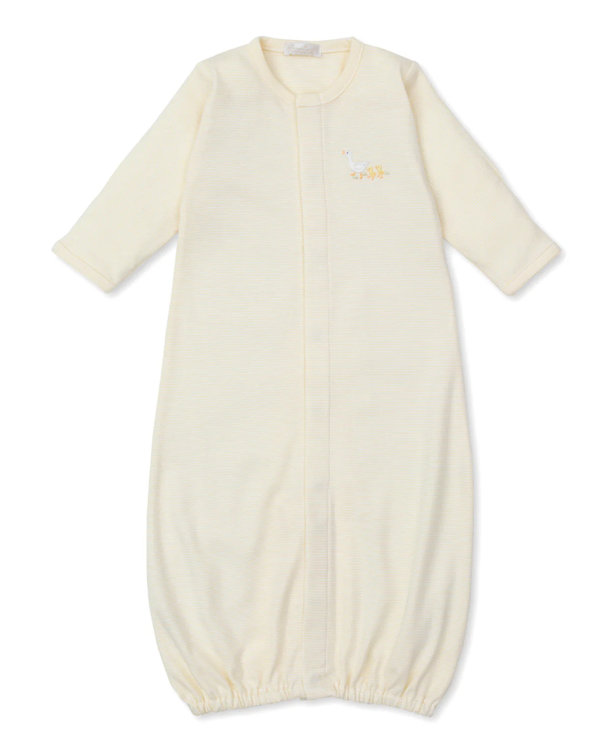 The Kissy Kissy Baby Premier Baby Duckling Striped Convertible Gown with Hand Embroidery, crafted from soft Pima cotton with long sleeves and an elasticated bottom, is shown laid flat on a white background.