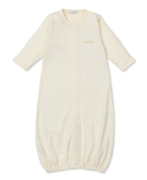 The Kissy Kissy Baby Premier Baby Duckling Striped Convertible Gown with Hand Embroidery, crafted from soft Pima cotton with long sleeves and an elasticated bottom, is shown laid flat on a white background.