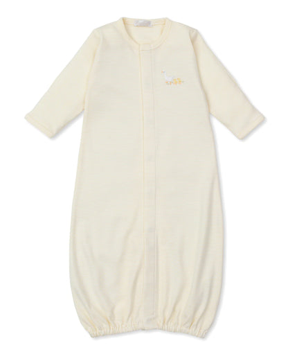 The Kissy Kissy Baby Premier Baby Duckling Striped Convertible Gown with Hand Embroidery, crafted from soft Pima cotton with long sleeves and an elasticated bottom, is shown laid flat on a white background.