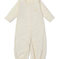 The Kissy Kissy Baby Premier Duckling Striped Convertible Gown with Hand Embroidery is a cream-colored, long-sleeve romper made from soft Pima cotton, featuring elastic cuffs and an embroidered duckling on the chest, shown flat on white.