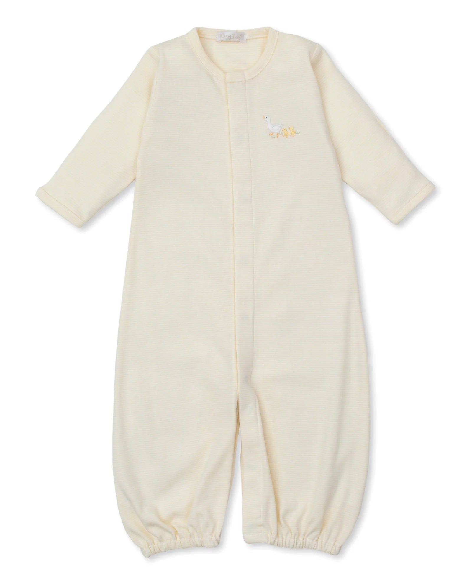 The Kissy Kissy Baby Premier Duckling Striped Convertible Gown with Hand Embroidery is a cream-colored, long-sleeve romper made from soft Pima cotton, featuring elastic cuffs and an embroidered duckling on the chest, shown flat on white.